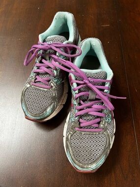 Asics Gray Running Shoes with Purple Laces and Teal Accents